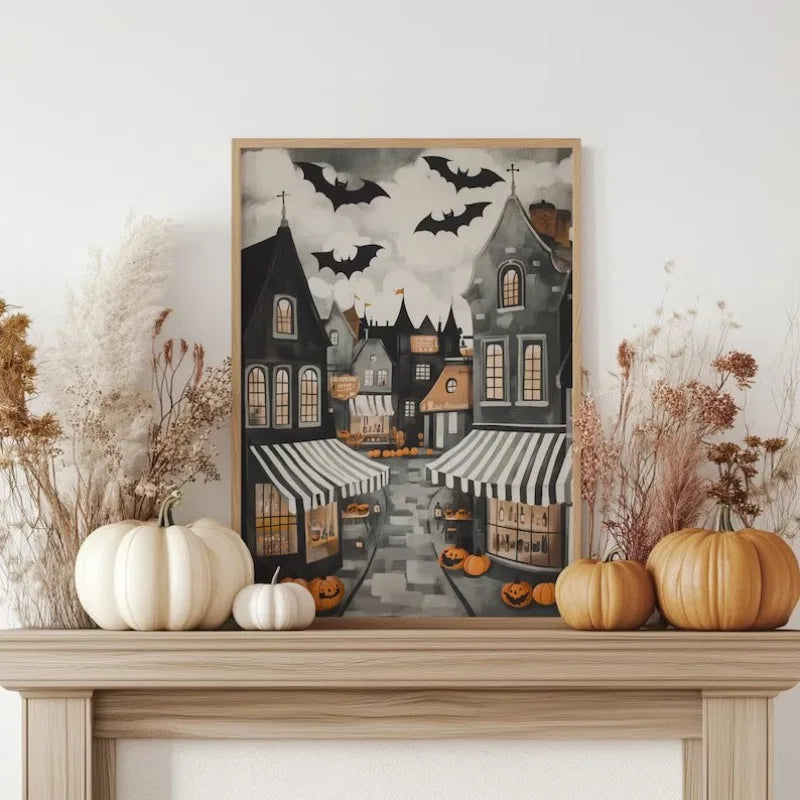 Halloween Ghost Town Canvas Wall Art | Whimsical Fall Print