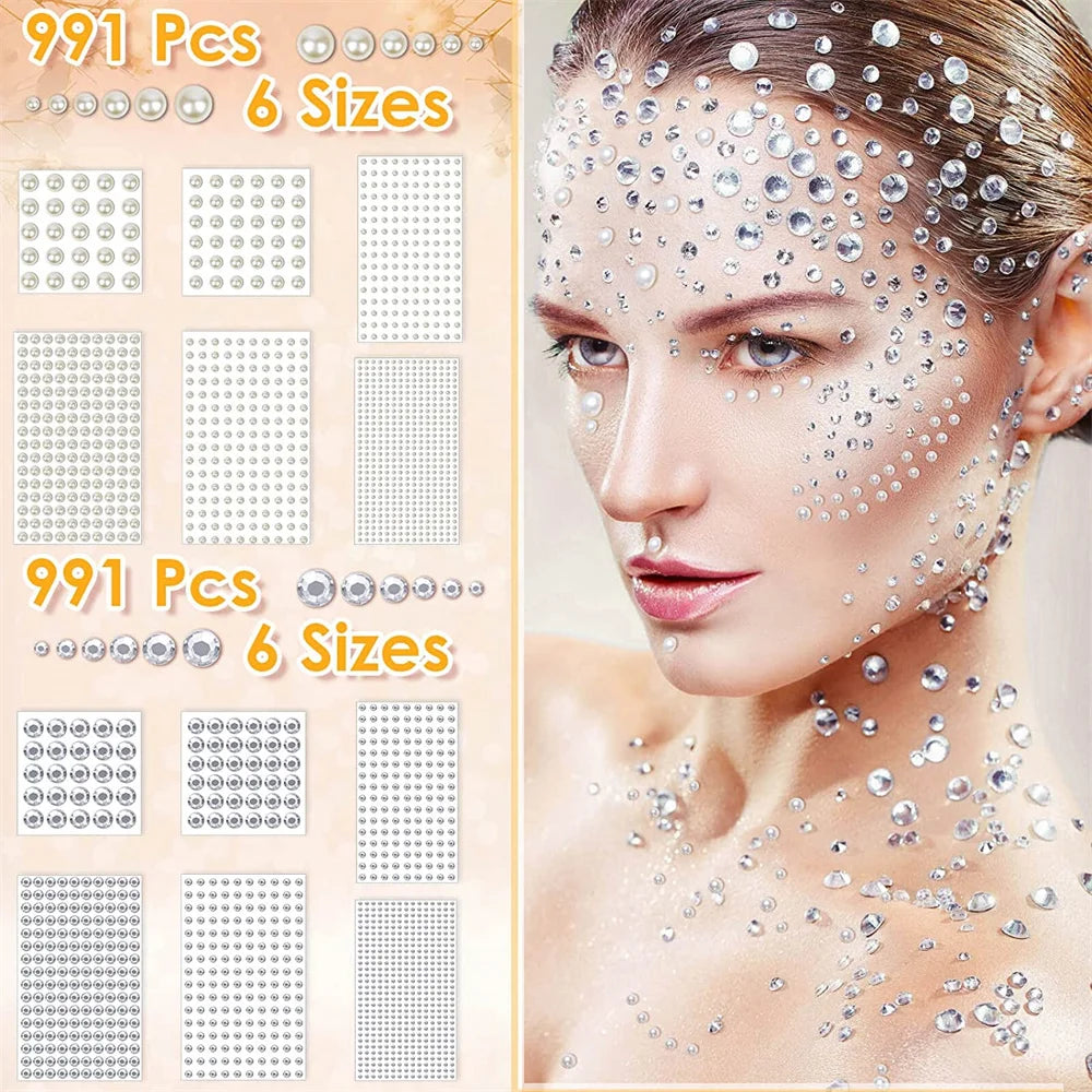 Mixed Self Adhesive White Imitation Pearl Rhinestones Stickers Face