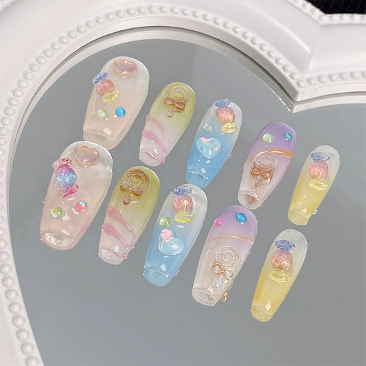 Korean Candy Crystal Press On Nails – Colorful Handmade Set Press On Nails Peaceful Pleasures Health and Wellness