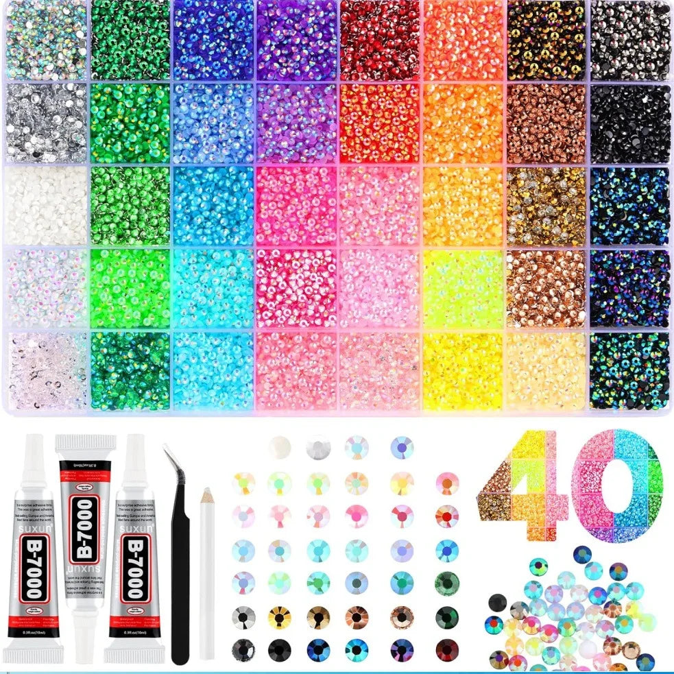40-Grid Multicolor Flatback Rhinestone Nail Art Kit – 34,000 Gems