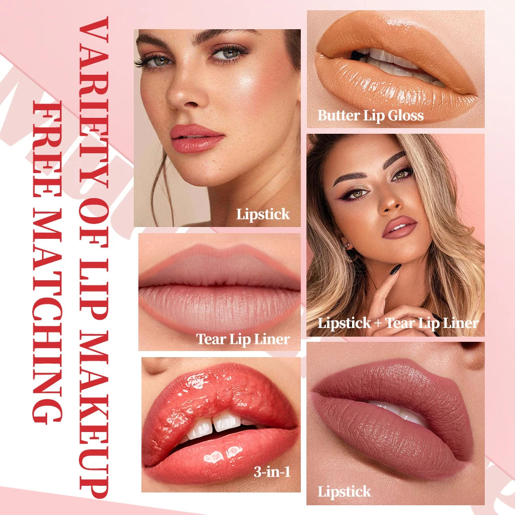 QIBEST New 3pcs Liquid Lipstick + Lip Liner +Lip Glaze Makeup Set Nude Black Velvet Lip Gloss Tint Long Lasting Cosmetics Kits Peaceful Pleasures Health and Wellness