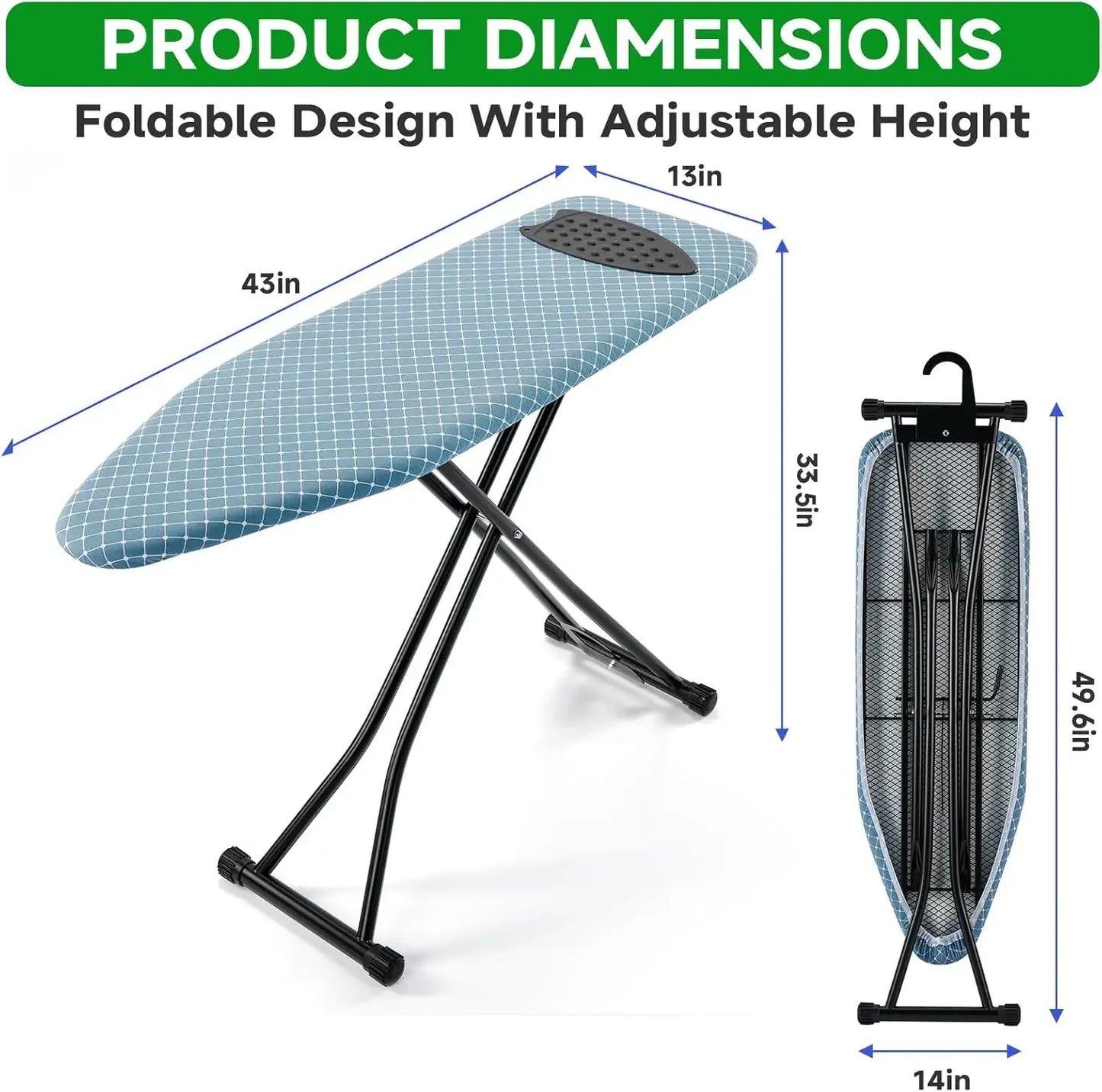 Compact Foldable Ironing Board 13x43 Inch, Heat Resistant Cover, Adjustable Height with Storage Hook Peaceful Pleasures Health and Wellness