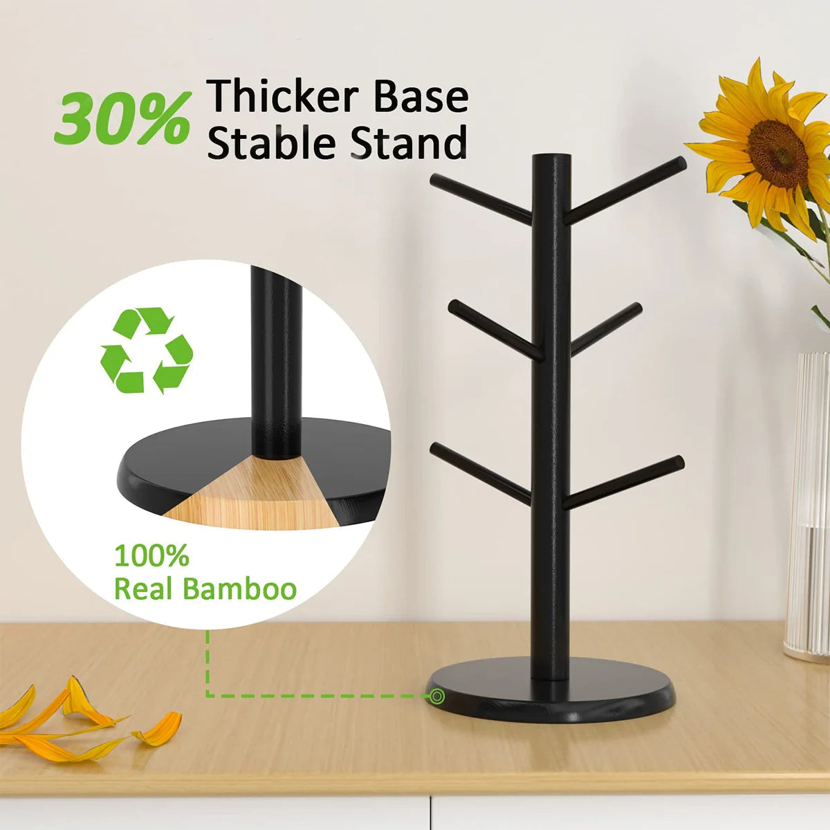 Bamboo Mug Tree Stand, Space-Saving Cup Holder, Durable, Organize Your Favorite Coffee Mugs, Perfect for Any Kitchen Countertop Peaceful Pleasures Health and Wellness