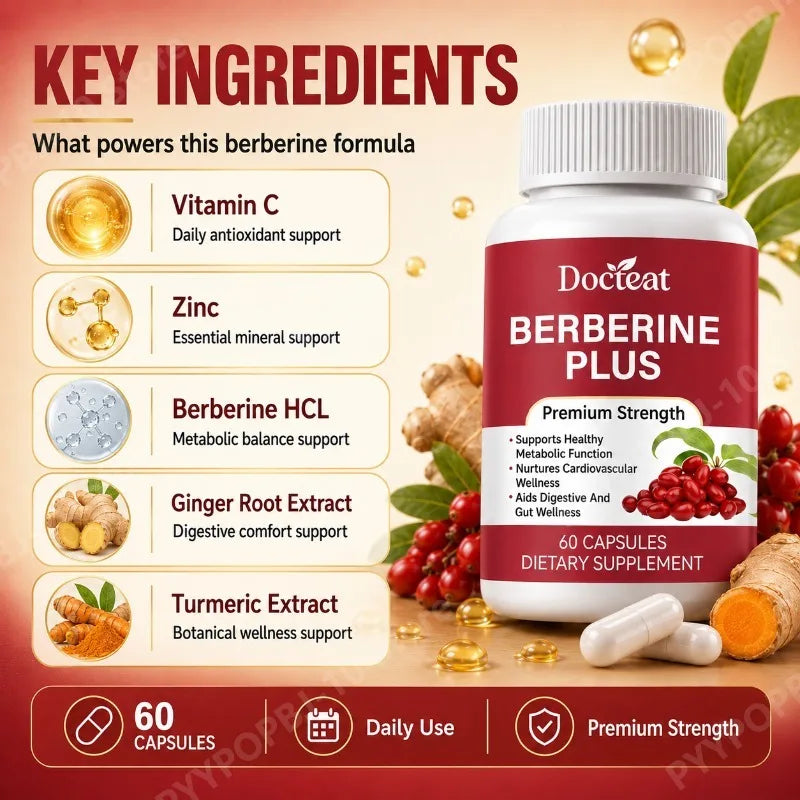 Berberine HCL Capsules with Turmeric, Ginger, Vitamin C & Zinc 60ct