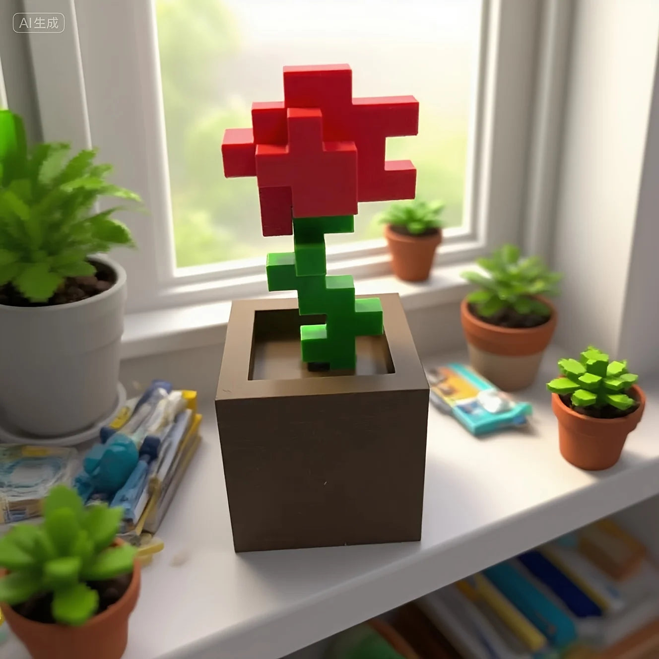 1 Piece Pixel Rose Flower Ornament, 3D Printed Unique Flower Decoration, Plastic Flower Item Suitable for Bedside Table, Desktop, Office Desk Decoration, Furniture Decoration Peaceful Pleasures Health and Wellness