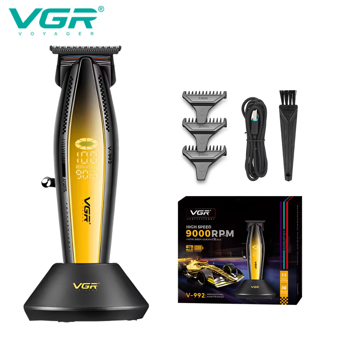 VGR V-992 V-270 high-end men's hair clipper with gradient color body, professional hair trimmer with LCD digital display and pus Peaceful Pleasures Health and Wellness V-992golden