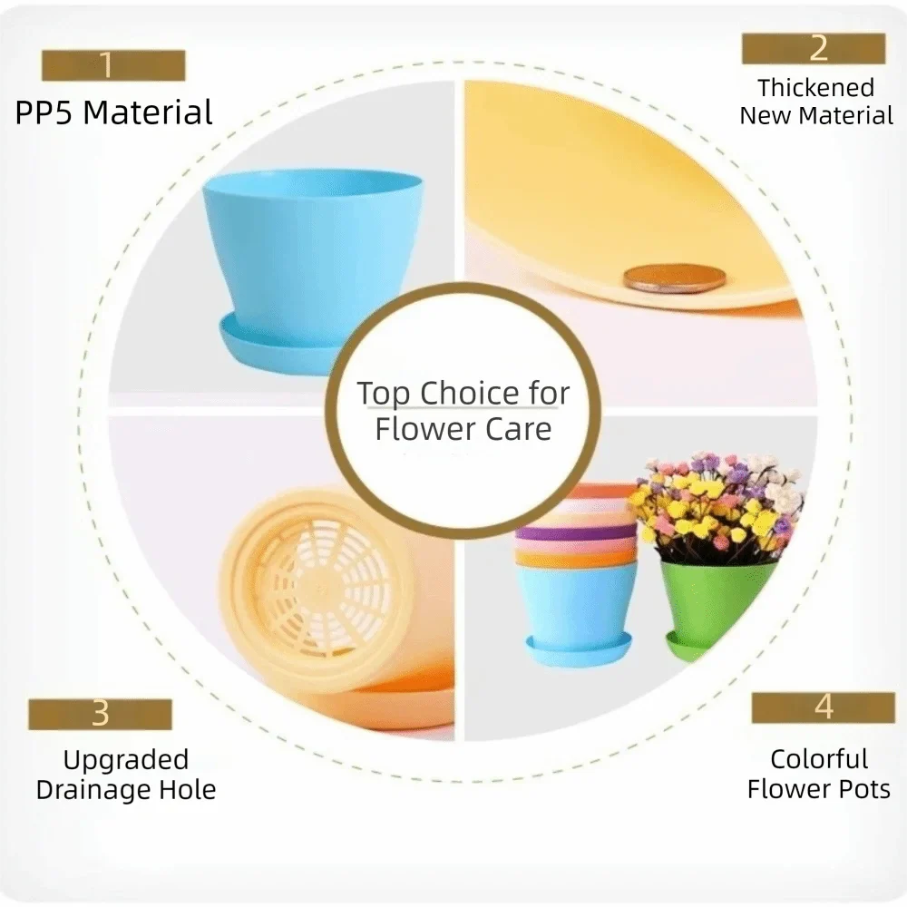 8-Pack Candy Color Round Plastic Plant Pots with Drainage Trays