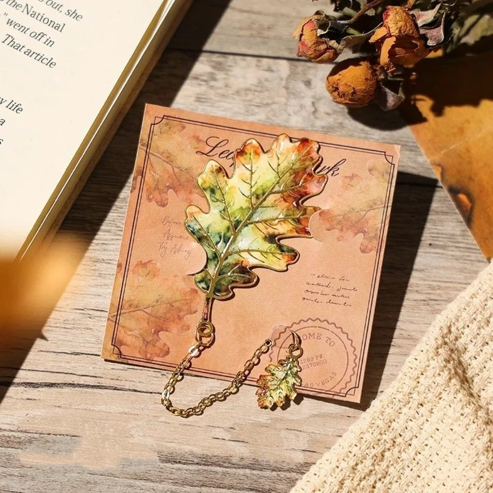 Creative Gift Gilt-Edged Metal Bookmark Pendant Design Exquisite Craft Leaf Bookmark Reading Bookmark School Supplies Peaceful Pleasures Health and Wellness Oak Leaves