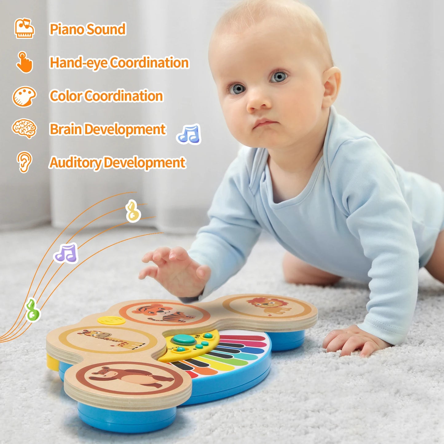 Wooden 2in1 Keyboard Piano Clapping Drum Music Light Cartoon Animals