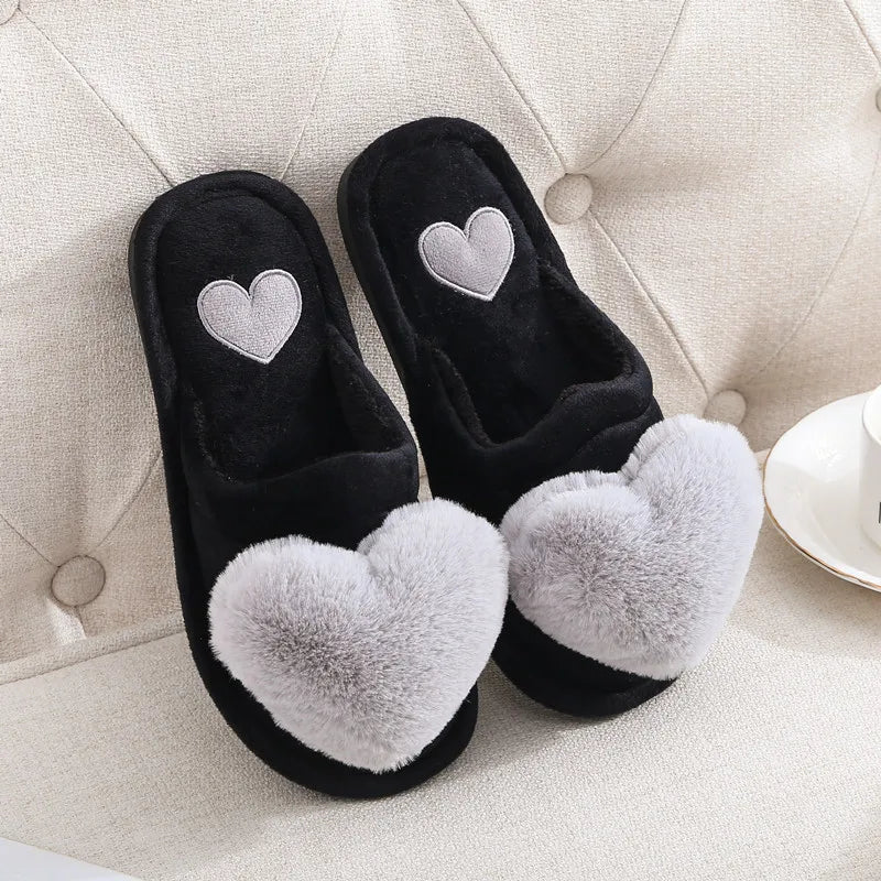Women's Plush Heart Slippers – Warm Non-Slip Indoor House Shoes