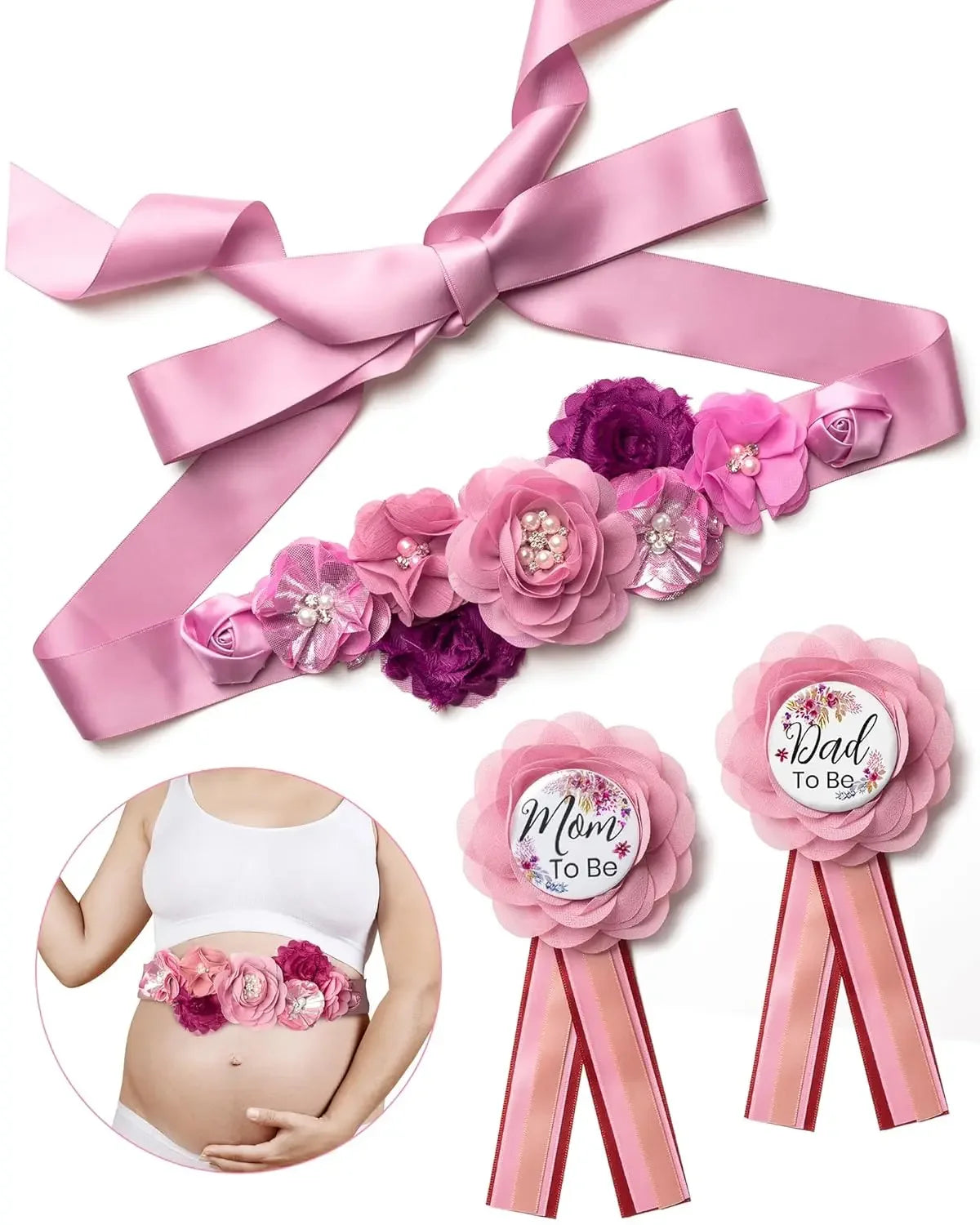 Flower Sash Set-Baby Shower Mom to Be Daddy to Be Corsage Pin- Belt for Maternity Dress Photo Props حزام Пояс Cinturón Ceinture Peaceful Pleasures Health and Wellness colors 3