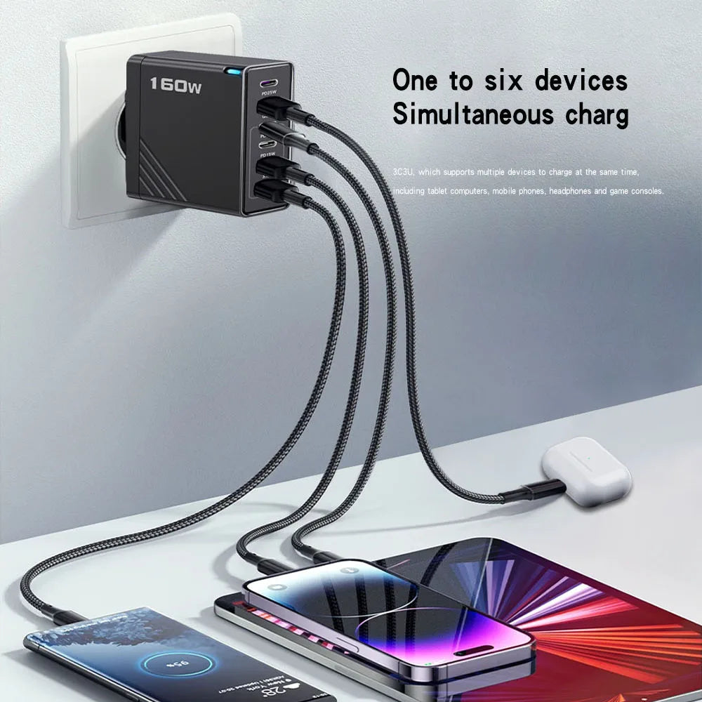 160W 6-Port USB-C Fast Charger | EU US UK Wall Adapter