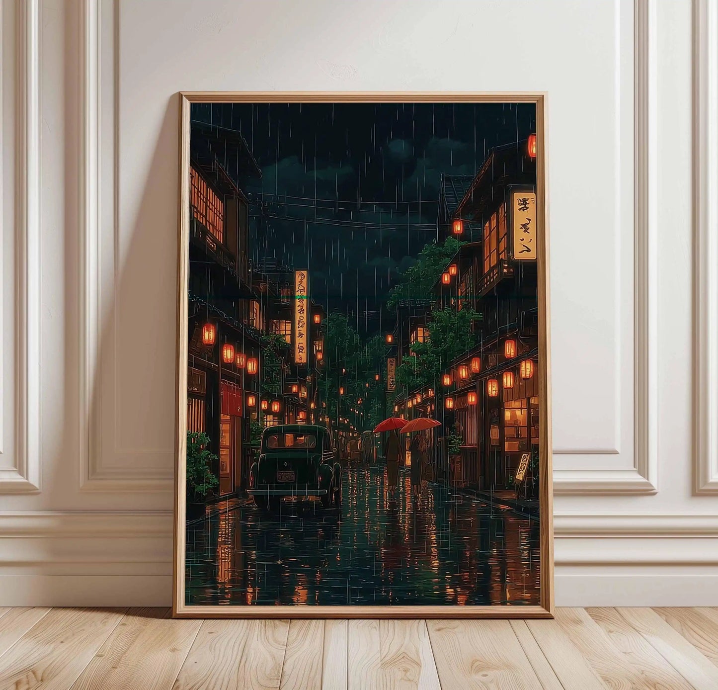 Retro Japanese City Rain Canvas Wall Art Poster | Frameless Canvas Wall Art Peaceful Pleasures Health and Wellness TL672 40x60cm Unframed