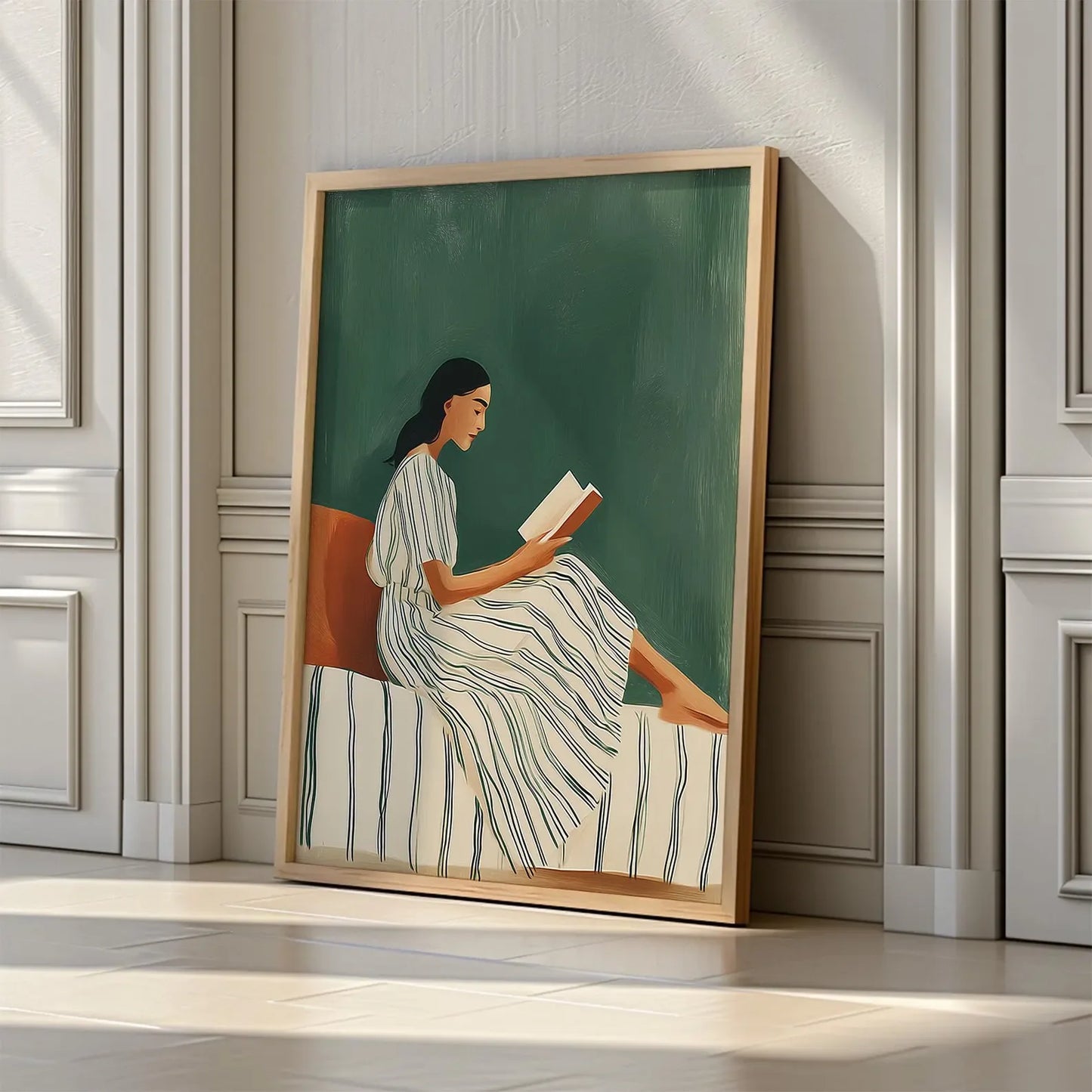 Emerald Green Reading Woman Canvas Wall Art | Minimalist Print