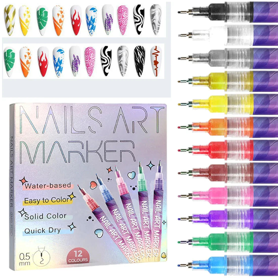 12-Color Nail Art Pen Set – Graffiti Dotting & Liner Pens Nail Art Tools Peaceful Pleasures Health and Wellness