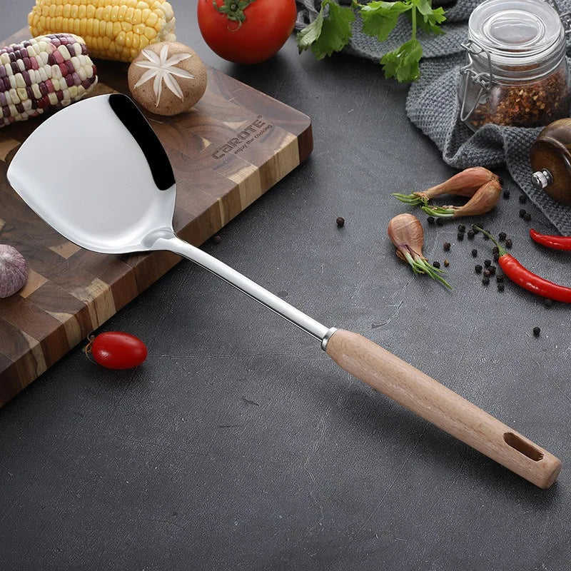 6-Piece Wooden Handle Stainless Steel Kitchen Utensil Set – Beech Wood Cooking Spoons & Spatulas