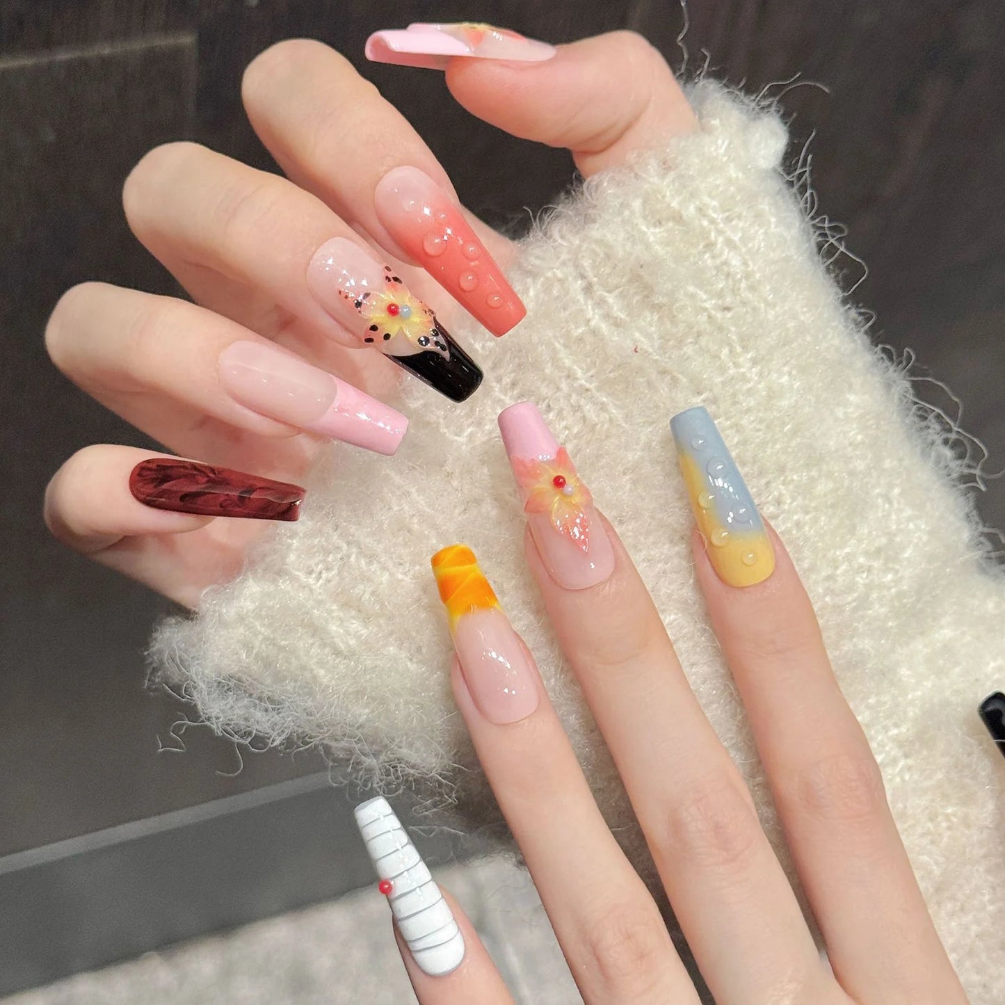 3D Floral Gradient Press-On Nails – Island Style 10-Piece Set