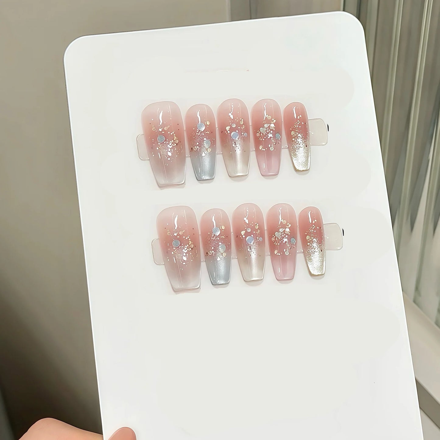 French Cat Eye Press On Nails – Sequin Gradient Tips | 10pcs