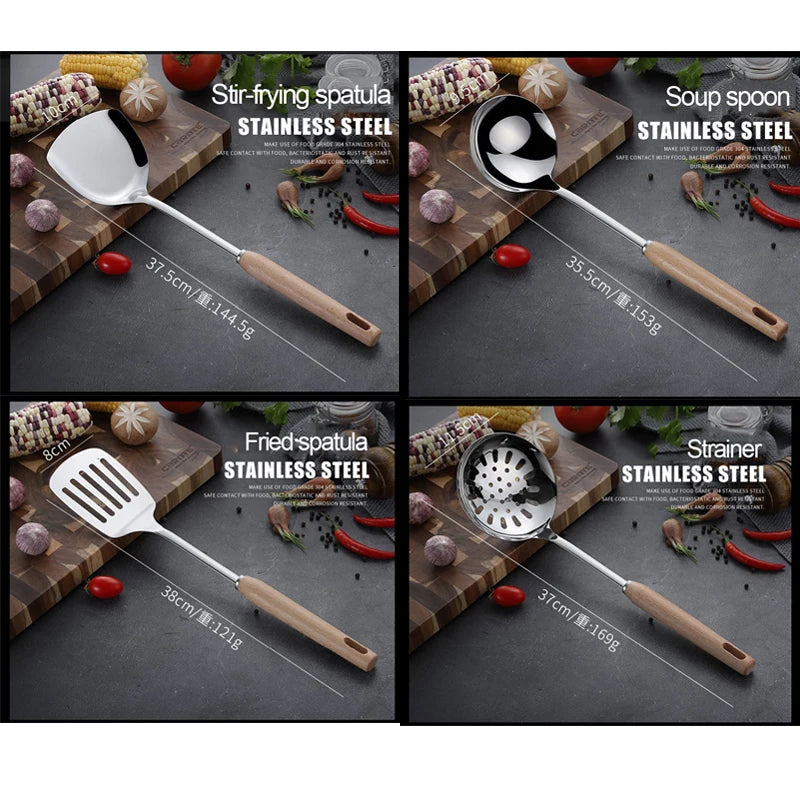 6-Piece Wooden Handle Stainless Steel Kitchen Utensil Set – Beech Wood Cooking Spoons & Spatulas