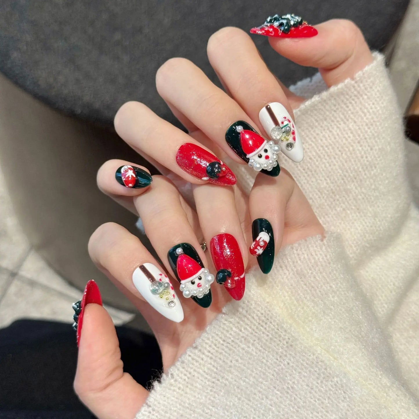 Christmas Press On Nails | Pearl Glitter Almond 3D Fake Nails 10PCS