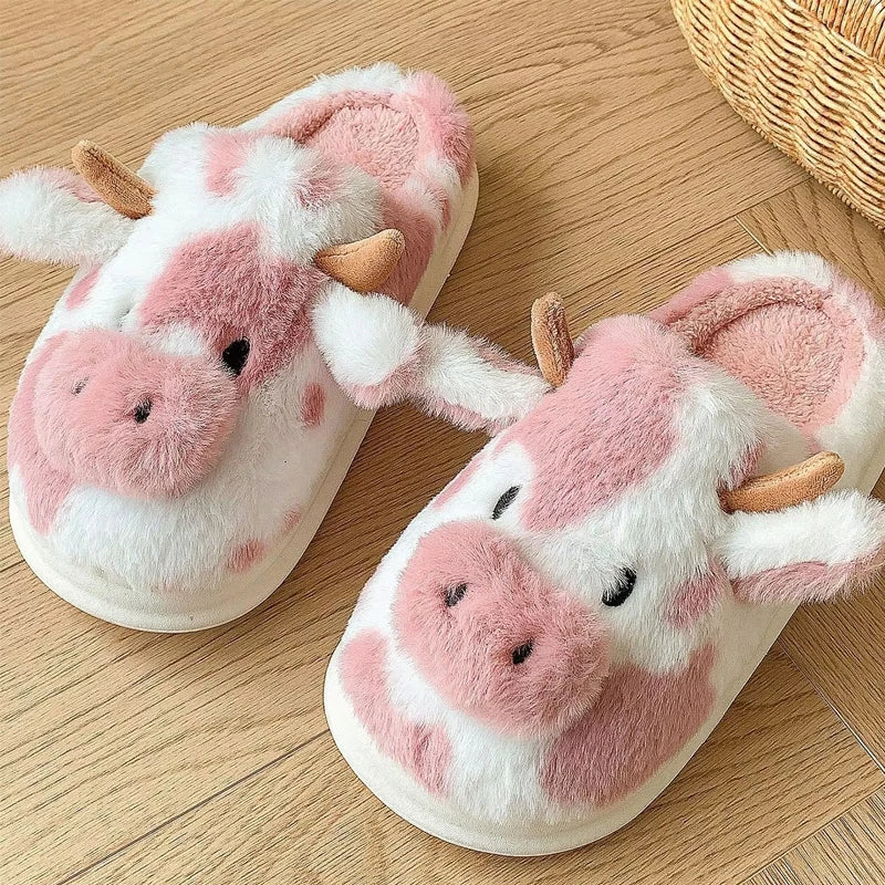 Women's Cow Plush Slippers – Closed Toe Non-Slip Fuzzy House Shoes