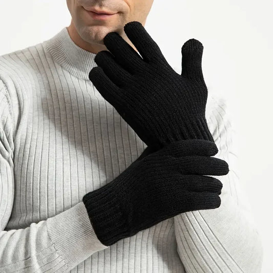 1pair Men Black Winter Double Layer Plus Velvet Thickened Knitted Gloves, Outdoor Touch Screen Warm Full Finger Gloves Peaceful Pleasures Health and Wellness