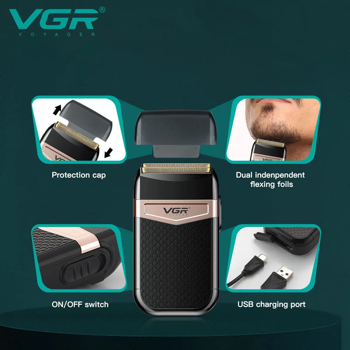 VGR 331 Foil Shaver Professional Electric Shavers Foils Face Razor Shaving Machine Waterproof Beard Trimmer for Men Peaceful Pleasures Health and Wellness