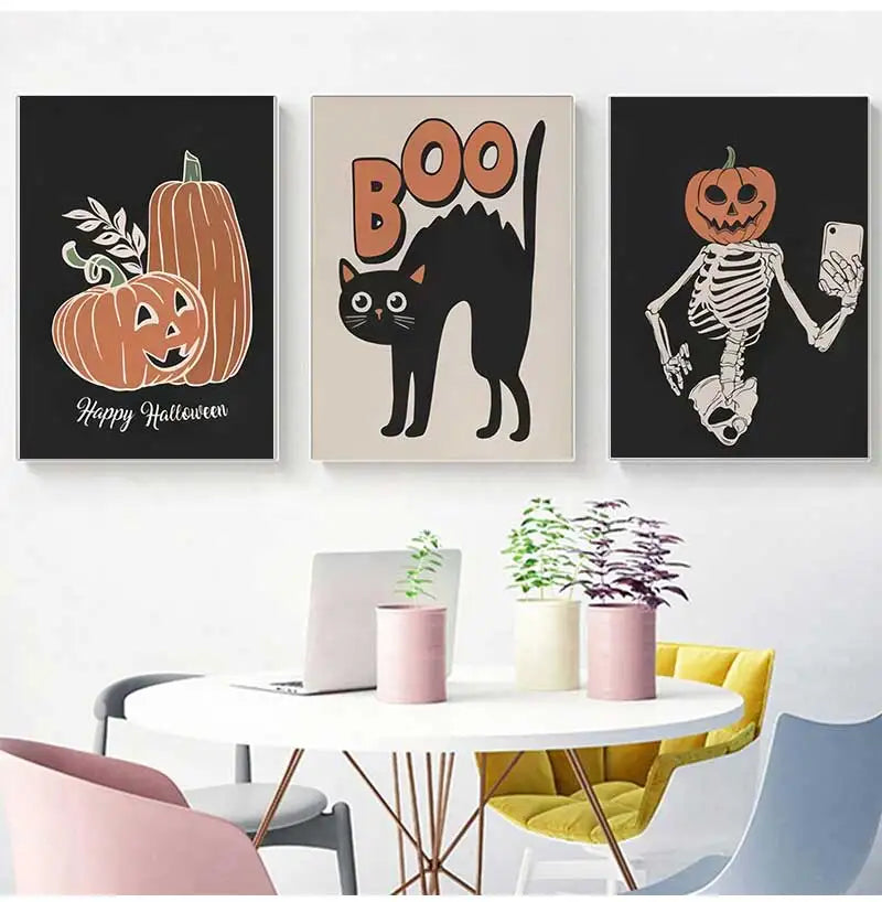 Ghost Cats Jack-o-Lanterns Halloween Canvas Wall Art Print