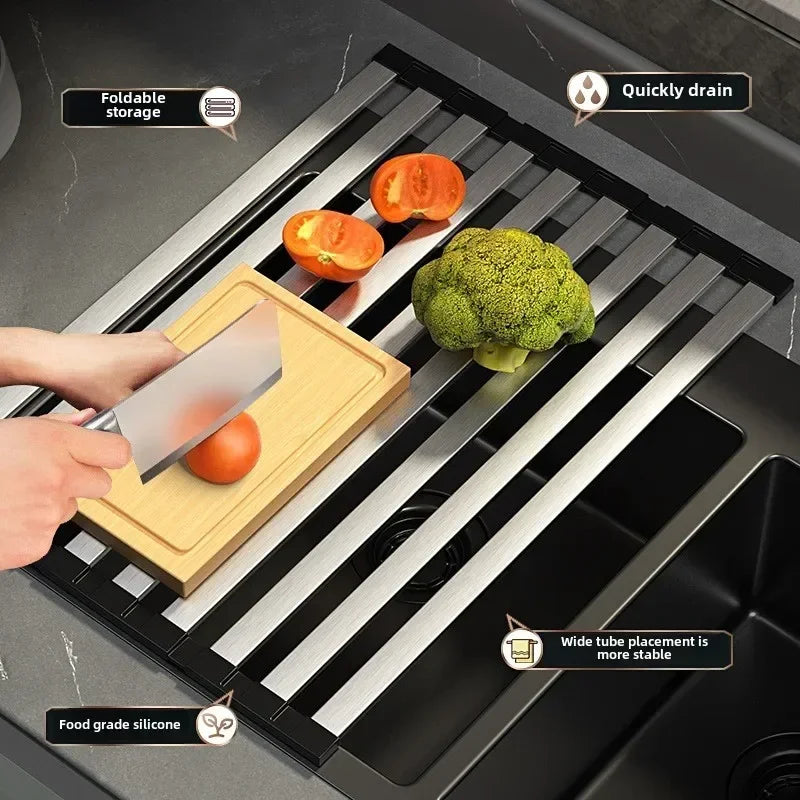 Foldable Over-Sink Drying Rack – 304 Stainless Steel & Silicone Roll-Up Dish, Fruit & Vegetable Drainer