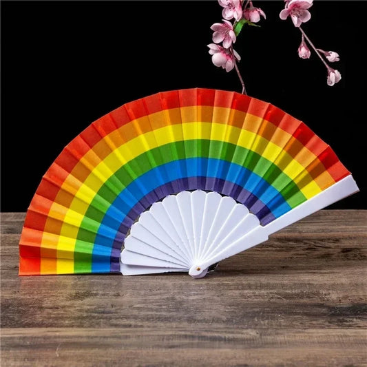 Plastic Hand Crank Fan Foldable Oriental Rainbow Silk Fabric Pocket Peaceful Pleasures Health and Wellness
