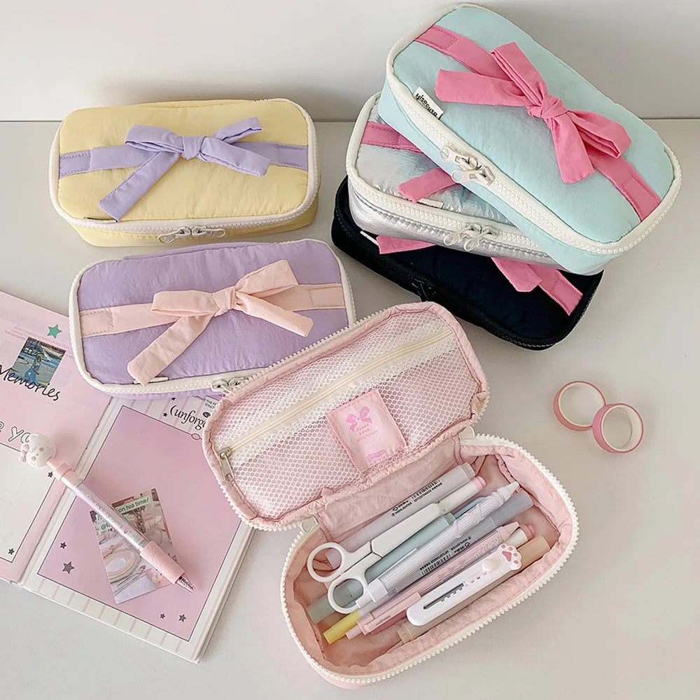 Soft Fabric Pencil Case Student Simple Bow Storage Bag Stationery Bag DIY Journal Desktop Storage Bag Practical Stationery Bags Peaceful Pleasures Health and Wellness