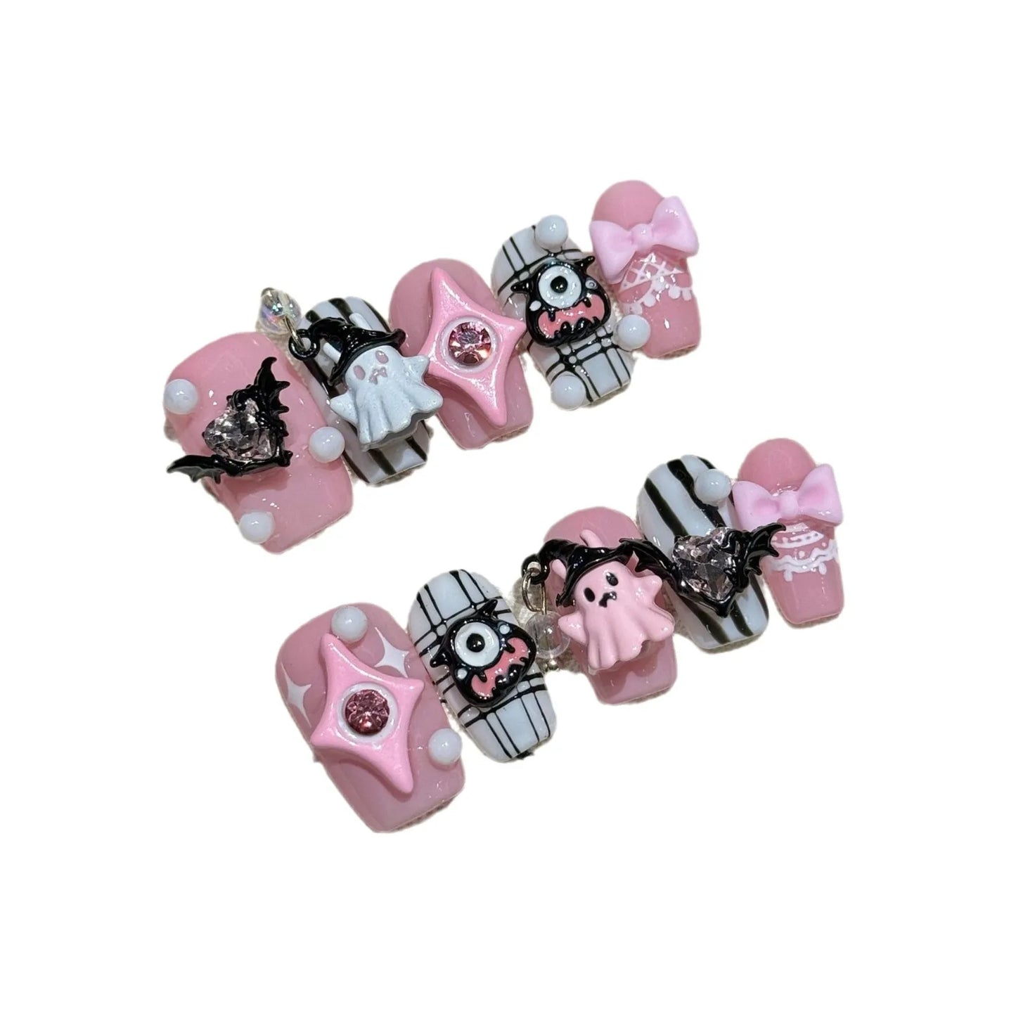 Halloween Press-On Nails Black & Pink Devil Ghost | Short
