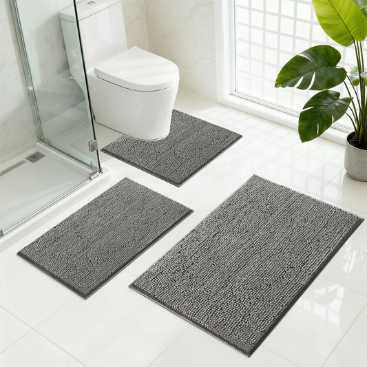 3 PC Set Non Slip Plush Chenille Bath Mat Extra Soft Super Absorbent Fluffy Carpet for Bathroom Machine-Washable Quick Dry Mat Peaceful Pleasures Health and Wellness