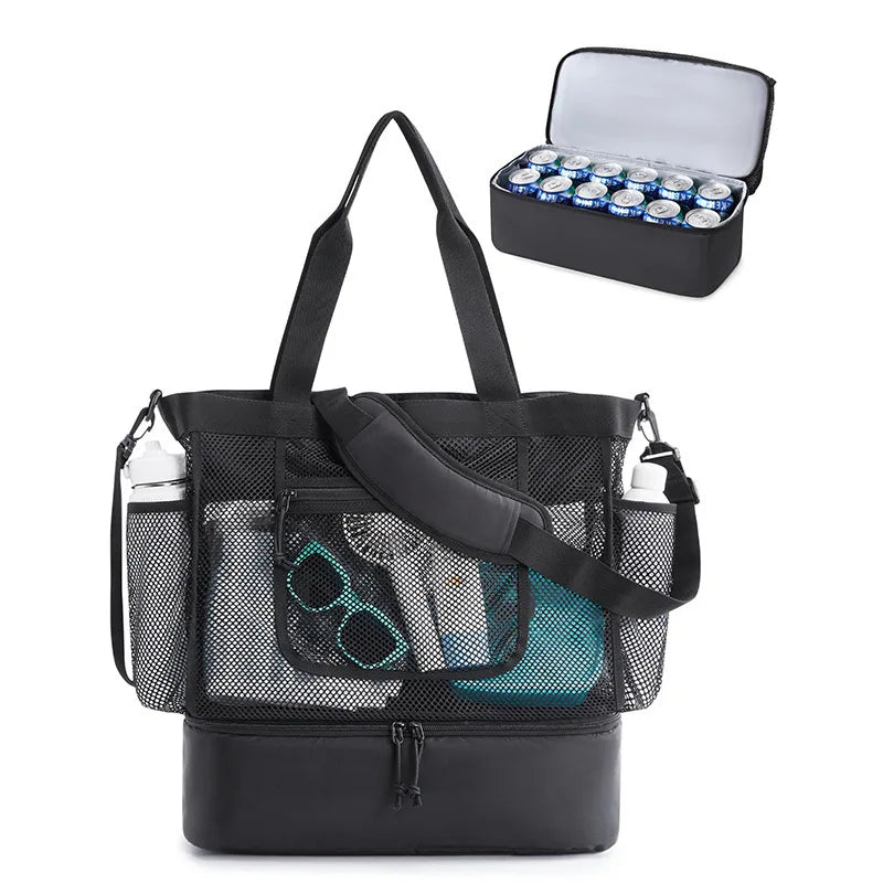 Women's Multi Pocket Beach-Bag With Anti Sand Design Foldable Lightweight Zipper For Travel Peaceful Pleasures Health and Wellness Black