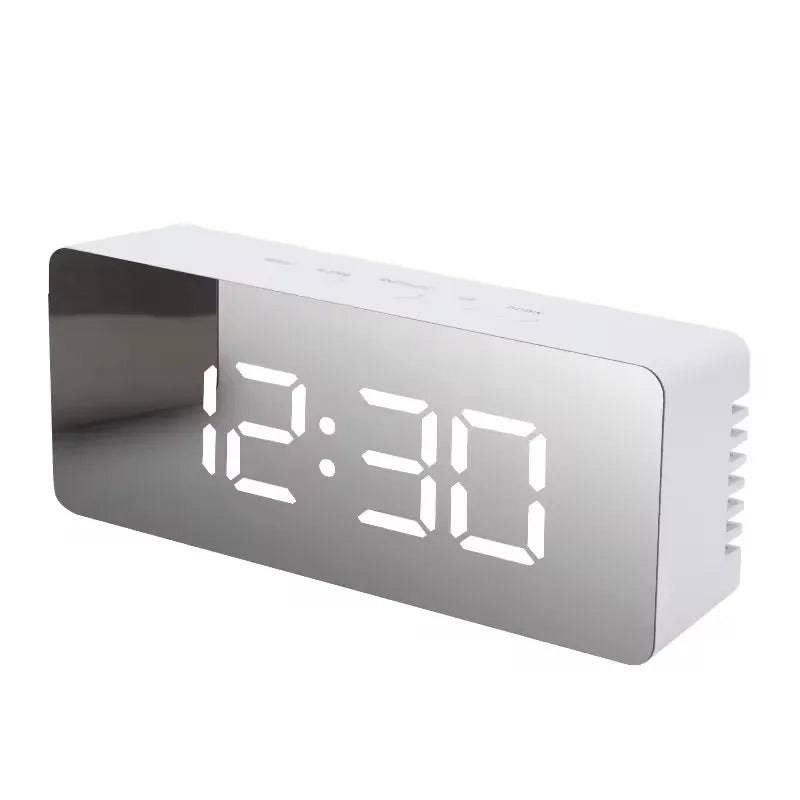 Mirror LED Digital Alarm Clock with Temperature Display and Smart Night Light for Bedroom, Makeup Vanity and Office Use Peaceful Pleasures Health and Wellness WHITE