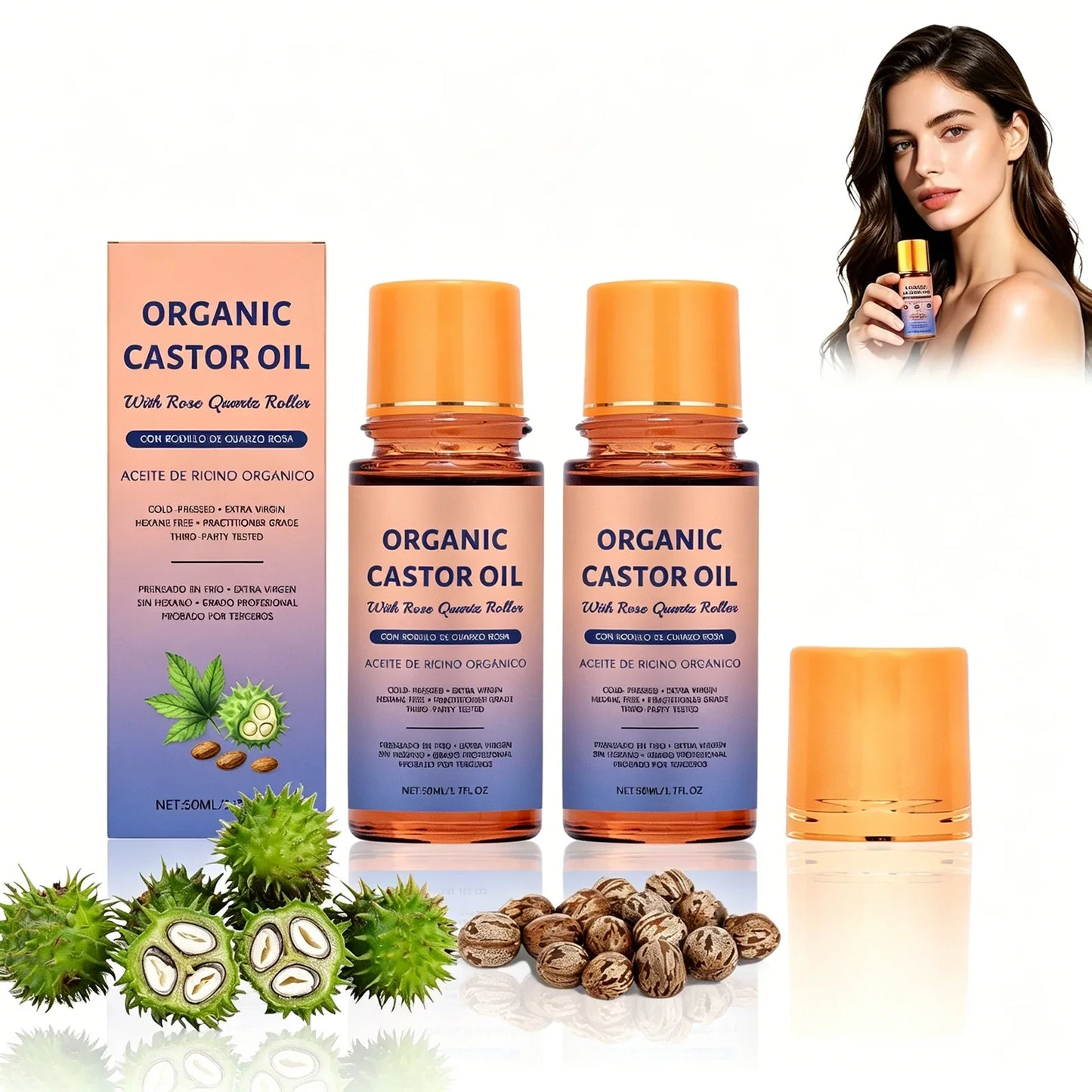Organic Castor Oil with Rose Quartz Roller – Cold Pressed 50ml