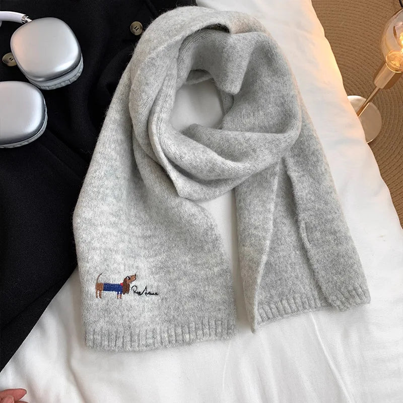 Original Korean Style Embroidered Puppy Solid Color Knitted Scarf Women Autumn Winter Student Neck Warmer Cozy Knit Neck Gaiter Peaceful Pleasures Health and Wellness
