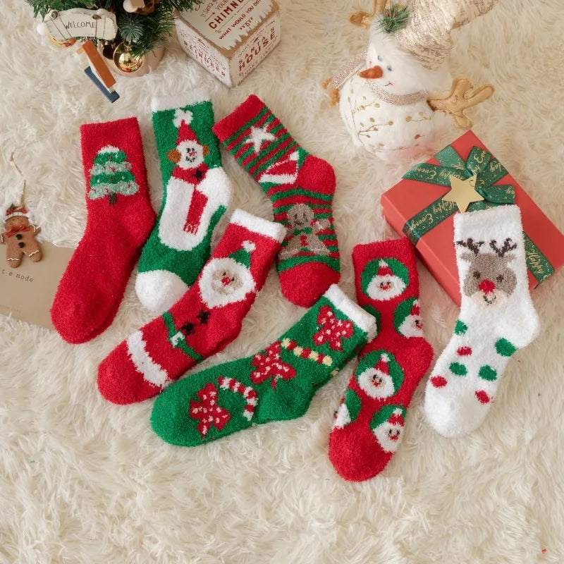 1 Pair of Coral Fleece Christmas Socks, Cute Elk Snowman Gift Socks, And Plush Mid Tube Men's And Women's Floor Sleeping Socks Peaceful Pleasures Health and Wellness