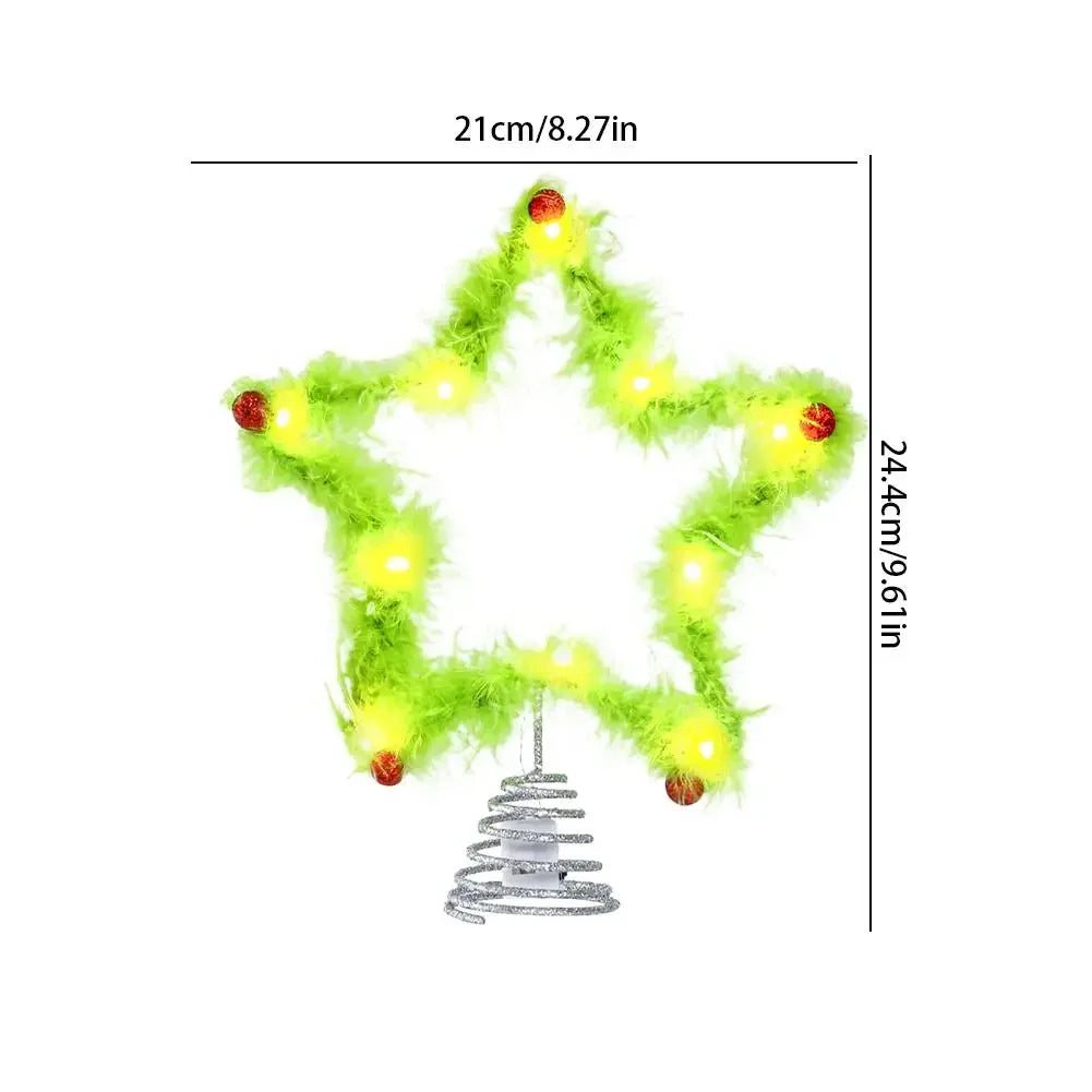 Christmas Fuzzy Grinch Star Tree Topper Iron Green Plush Holiday Festive Creative Home Party Decor Ornament Peaceful Pleasures Health and Wellness
