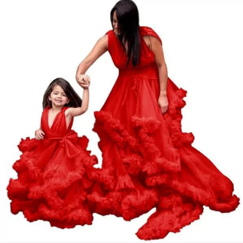 Puffy Pink Mother And Daughter Matching Dresses For Family Look V Neck Ruffles Layered Photo Shoot Mom And Me Evening Outfits Peaceful Pleasures Health and Wellness red Kid-2T