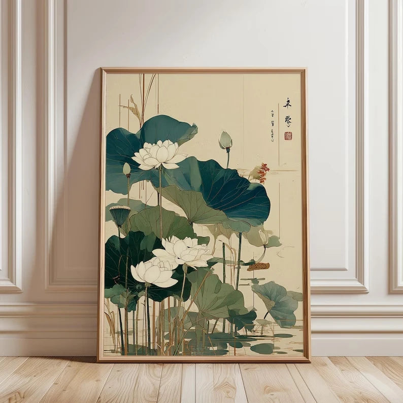 Retro Japanese Lotus Flower Canvas Wall Art Print | Home Decor