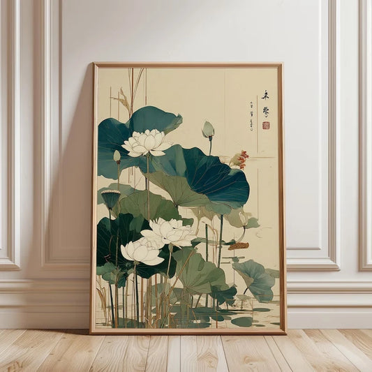 Retro Japanese Lotus Flower Canvas Wall Art Print | Home Decor Canvas Wall Art Peaceful Pleasures Health and Wellness G5267 21x30cm Wood Framed