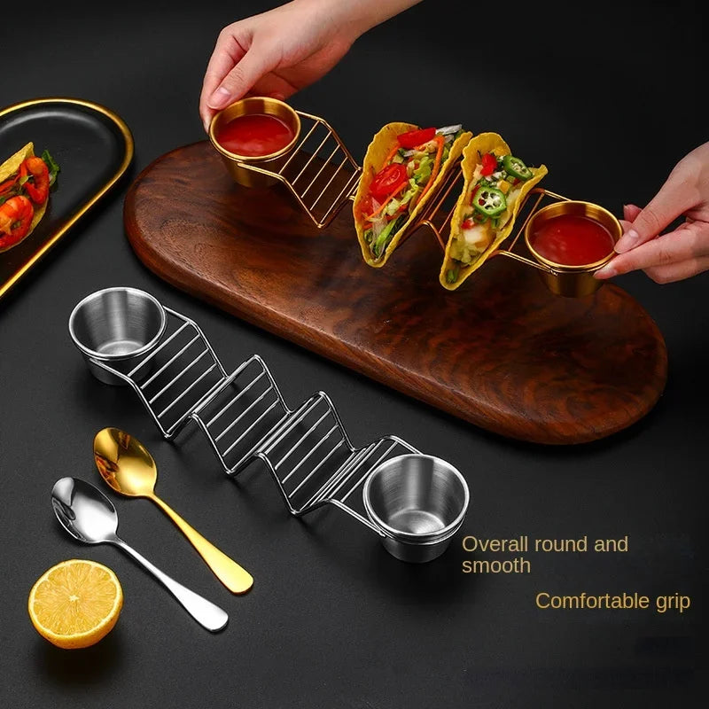 Mexican Restaurant Stainless Steel Pancake Rack Spring Roll Taco Holder Pizza Display Stand with 2pcs Sauce Cup &1 Dessert Spoon Peaceful Pleasures Health and Wellness