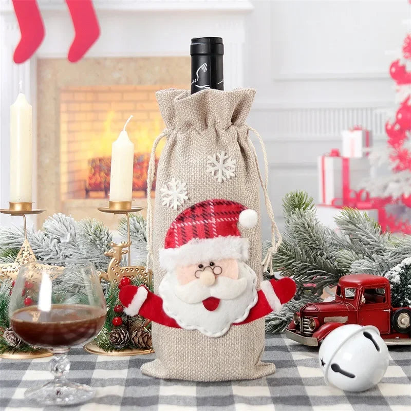 Xmas Snowman Santa Claus Wine Bottle Gift Packaging Jute Bag Pouch Burlap Christmas Wine Bottle Cover Bag Christmas Decorations Peaceful Pleasures Health and Wellness