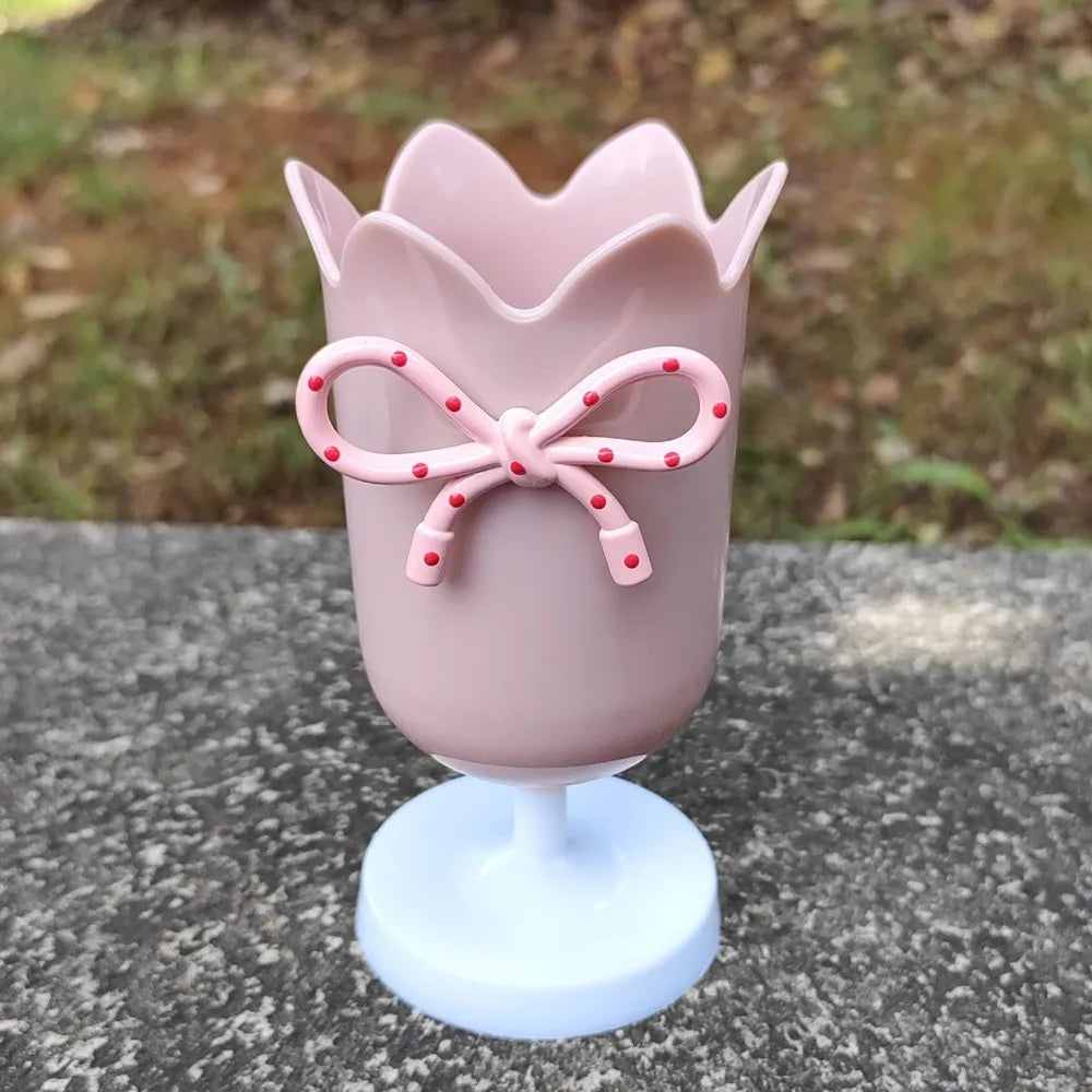 Plastic Flower Vase with Bowknot Aesthetic Decorative Vase Wedding Flower Arrangement DIY Flowerpot Home Office Decor Pen Holder Peaceful Pleasures Health and Wellness Pink
