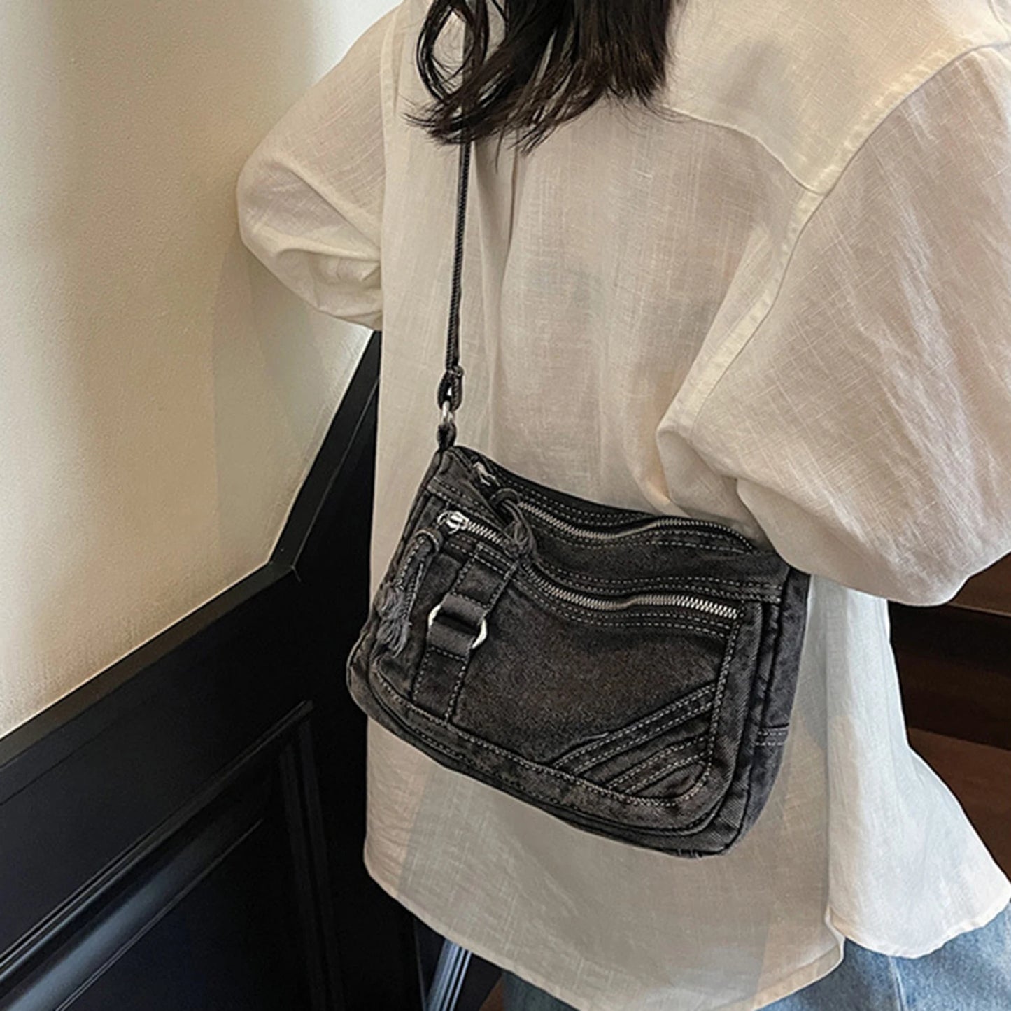 Simple Denim Purse Crossbody Bags Portable Hands-Free Purse Casual Handbags for Daily Shopping Travel Peaceful Pleasures Health and Wellness