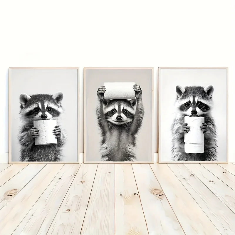 3pcs Art Deco Animal Print Canvas Wall Art - Raccoon with Toilet Paper - Funny Bathroom Decor Posters Frameless Portrait Artwork Peaceful Pleasures Health and Wellness