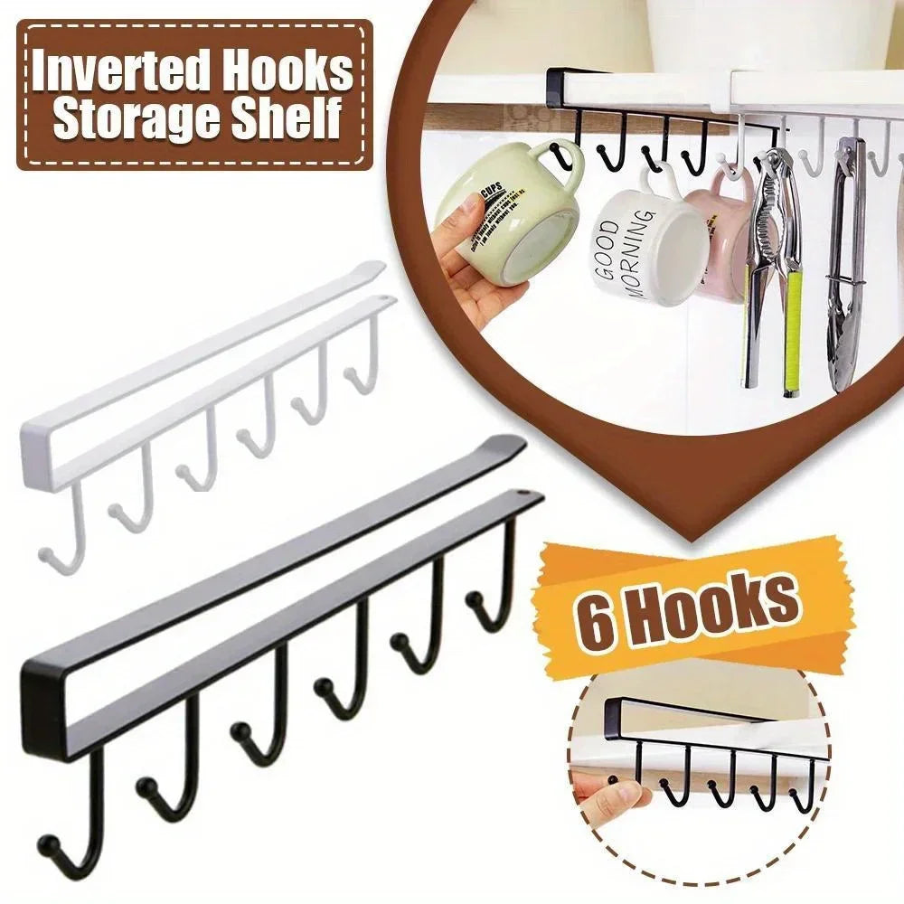1pc Kitchen Shelf Storage Clothes Hanging Organizer Cup Holder Glass Mug Holder 6 Hooks Storage Rack 2030 Peaceful Pleasures Health and Wellness
