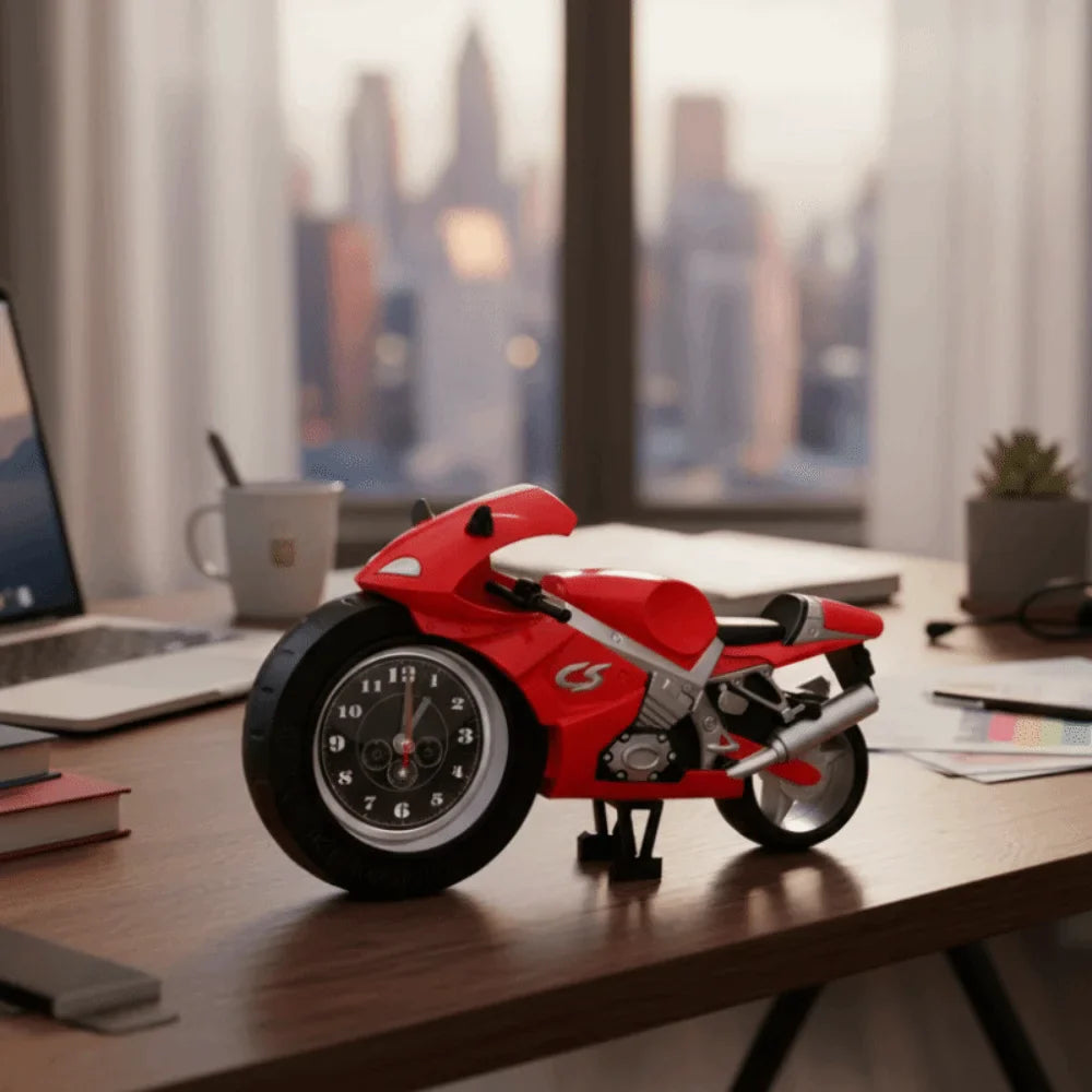 Cartoon Motorcycle Alarm Clock – Silent, Drop-Proof Desk Ornament