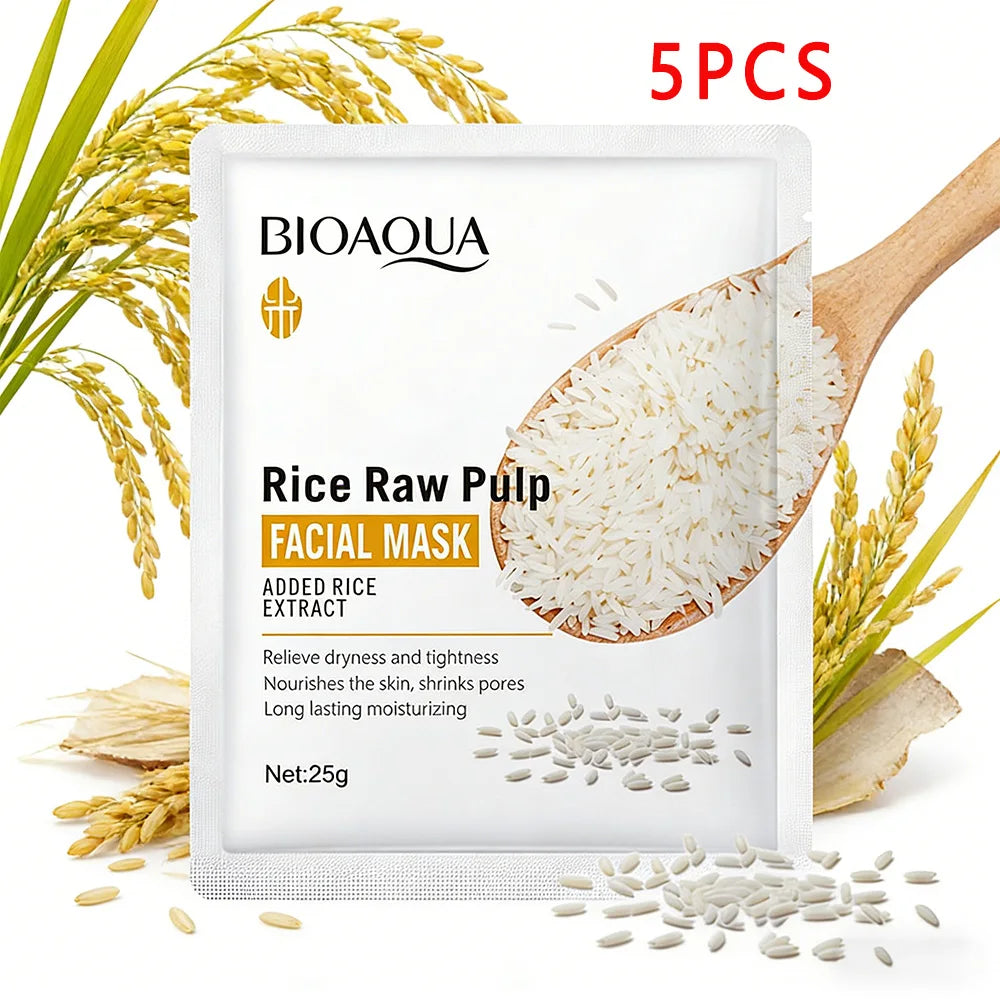 BIOAQUA Rice Raw Pulp Facial Masks Skincare Moisturizing Firming Hydrating Face Mask Sheets Mask Korean Skin Care Peaceful Pleasures Health and Wellness 5pcs